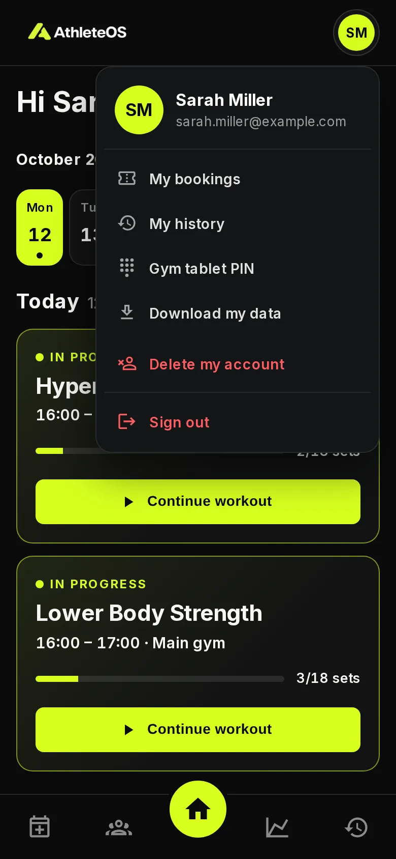 The account menu