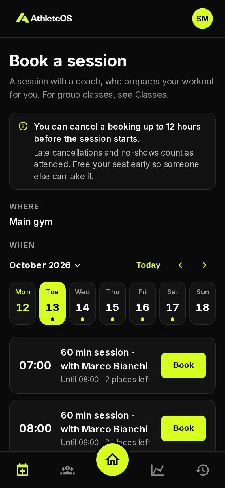 The free slots to book a session