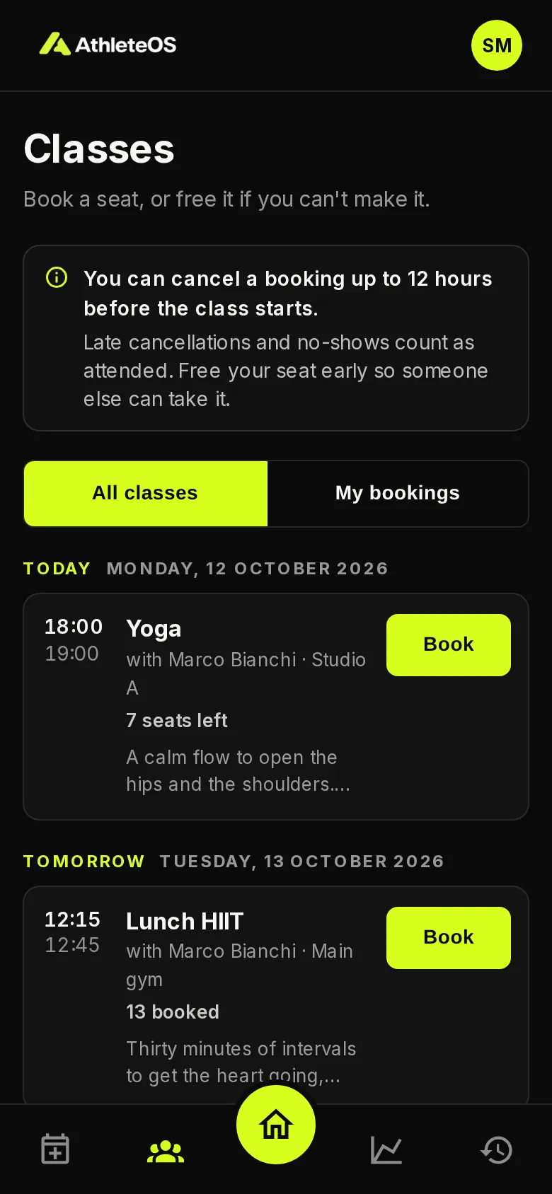 The classes to book