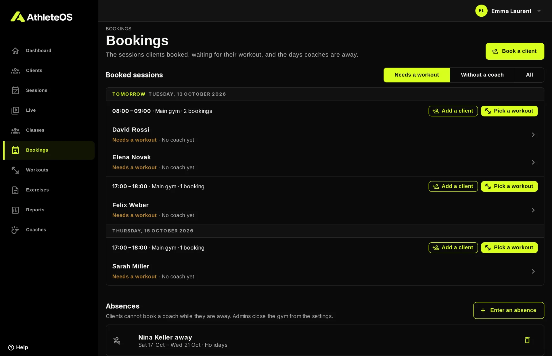 The Bookings page