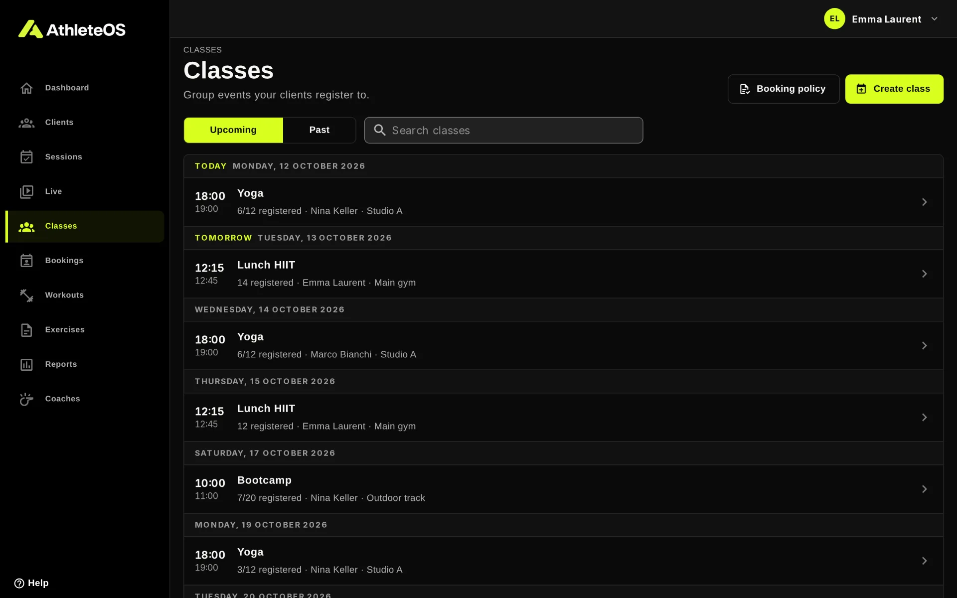 The list of classes