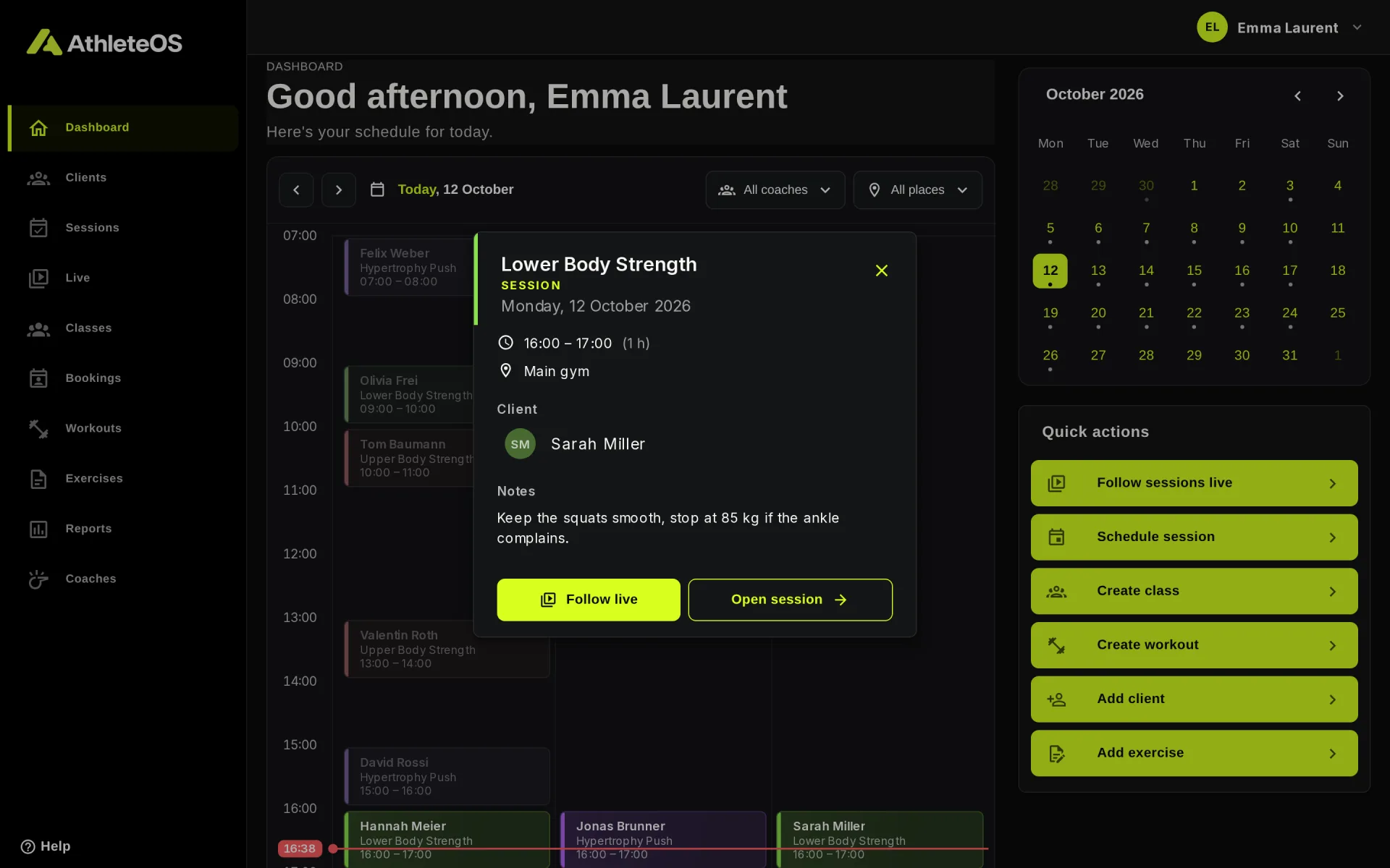 The details of a session, opened from the dashboard