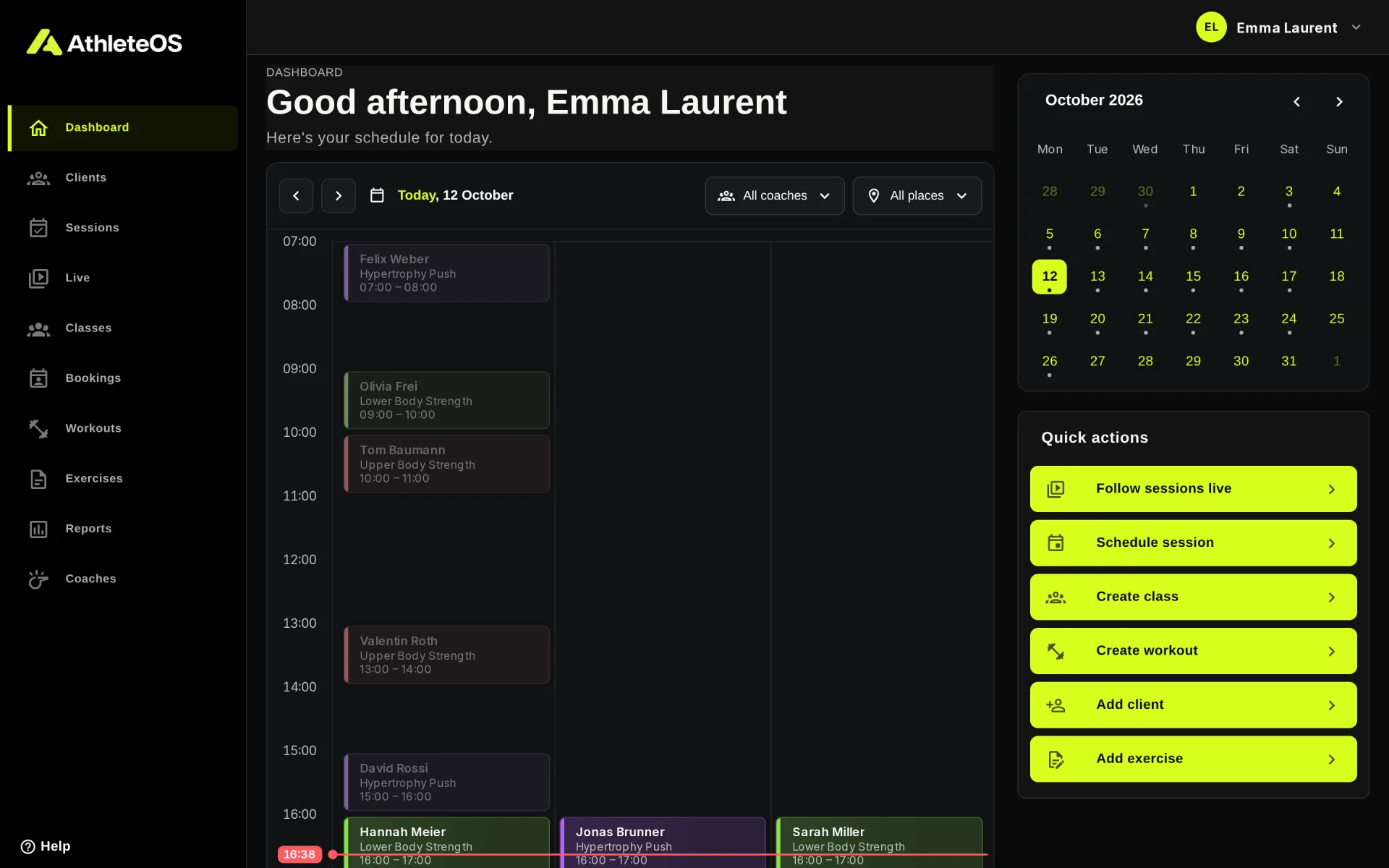 The dashboard of AthleteOS