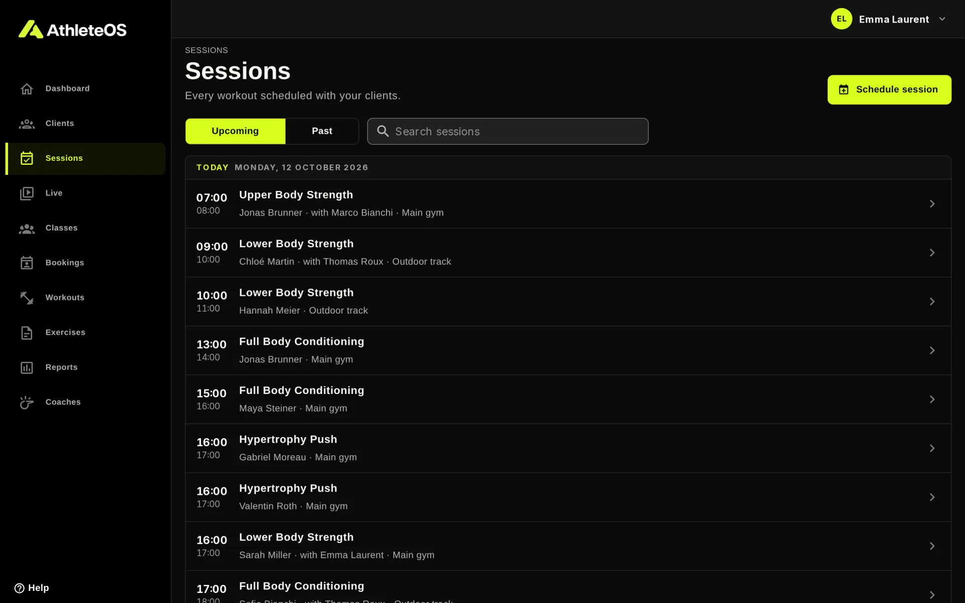 The list of sessions