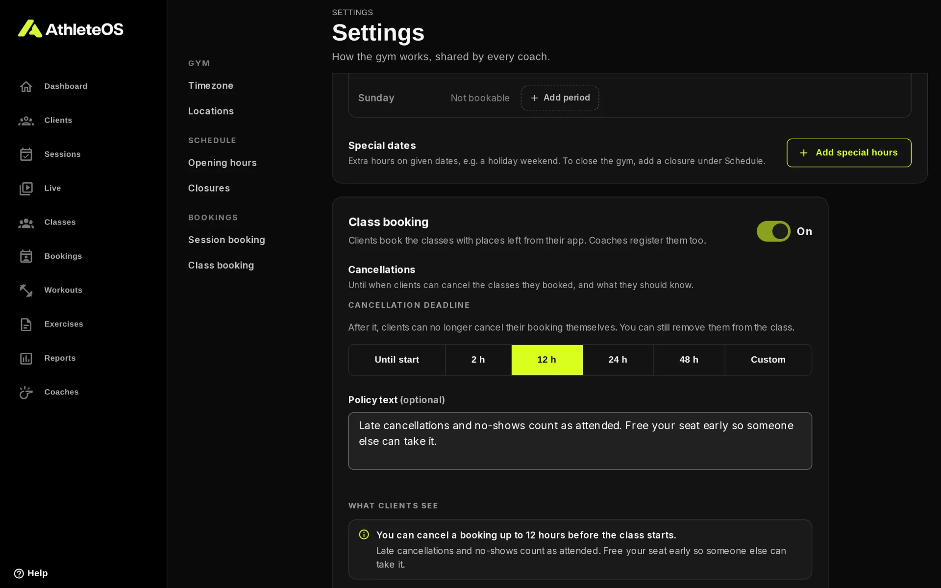 The class booking settings