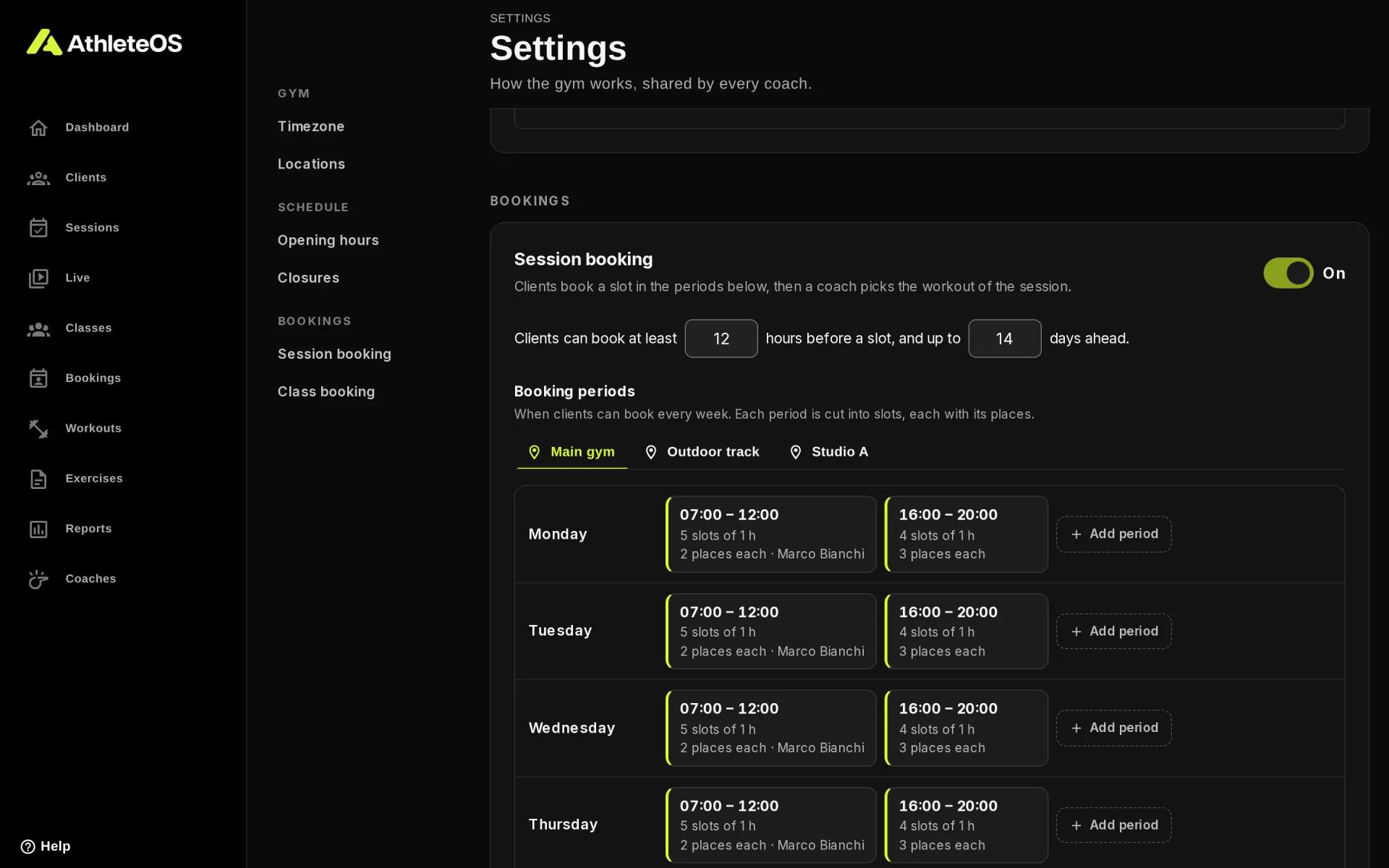 The settings of session booking