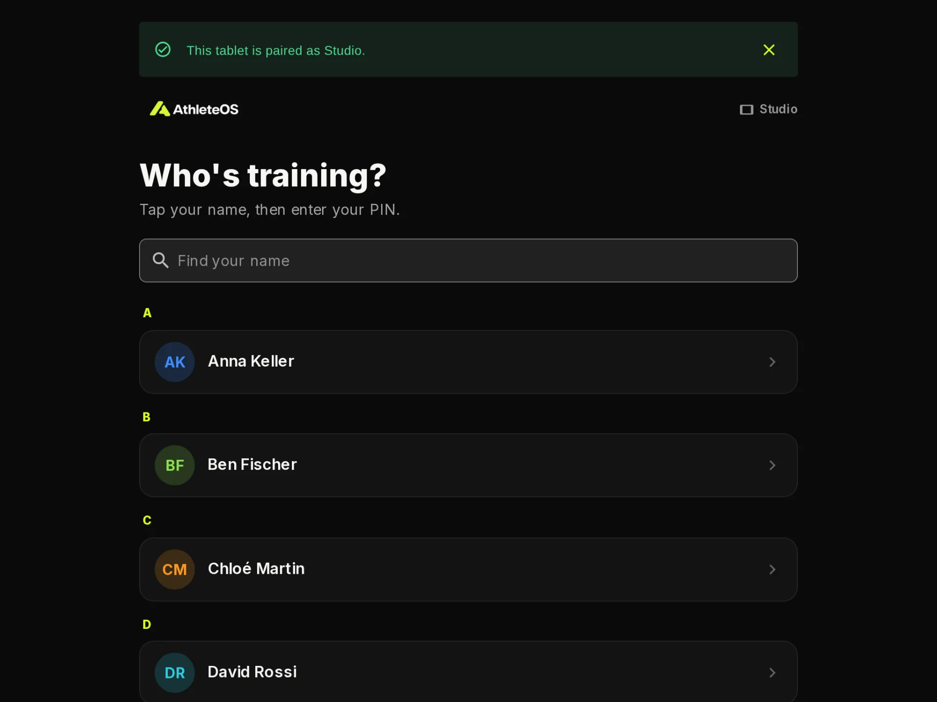 The list of names on a gym tablet