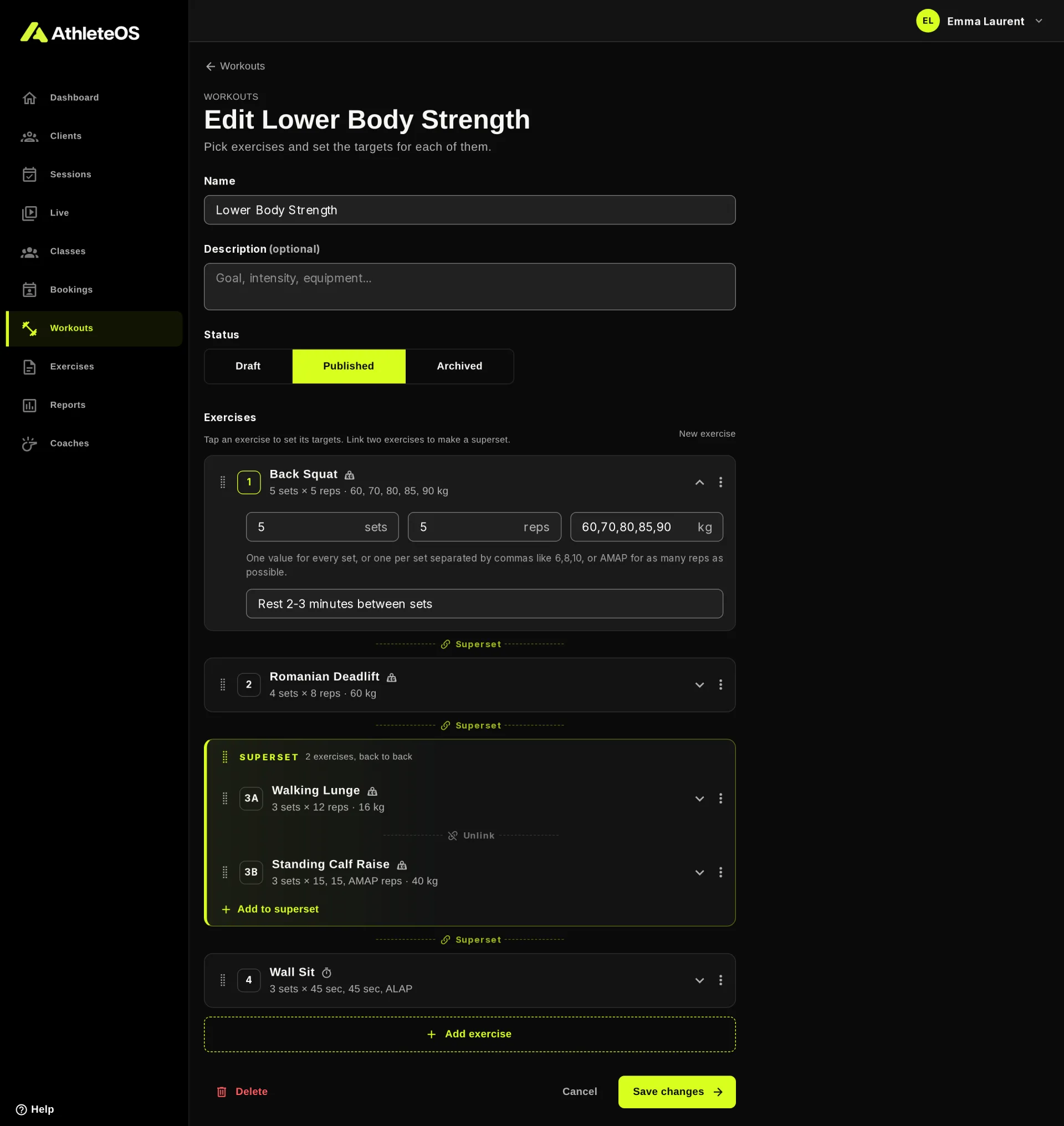 Building a workout, with a superset