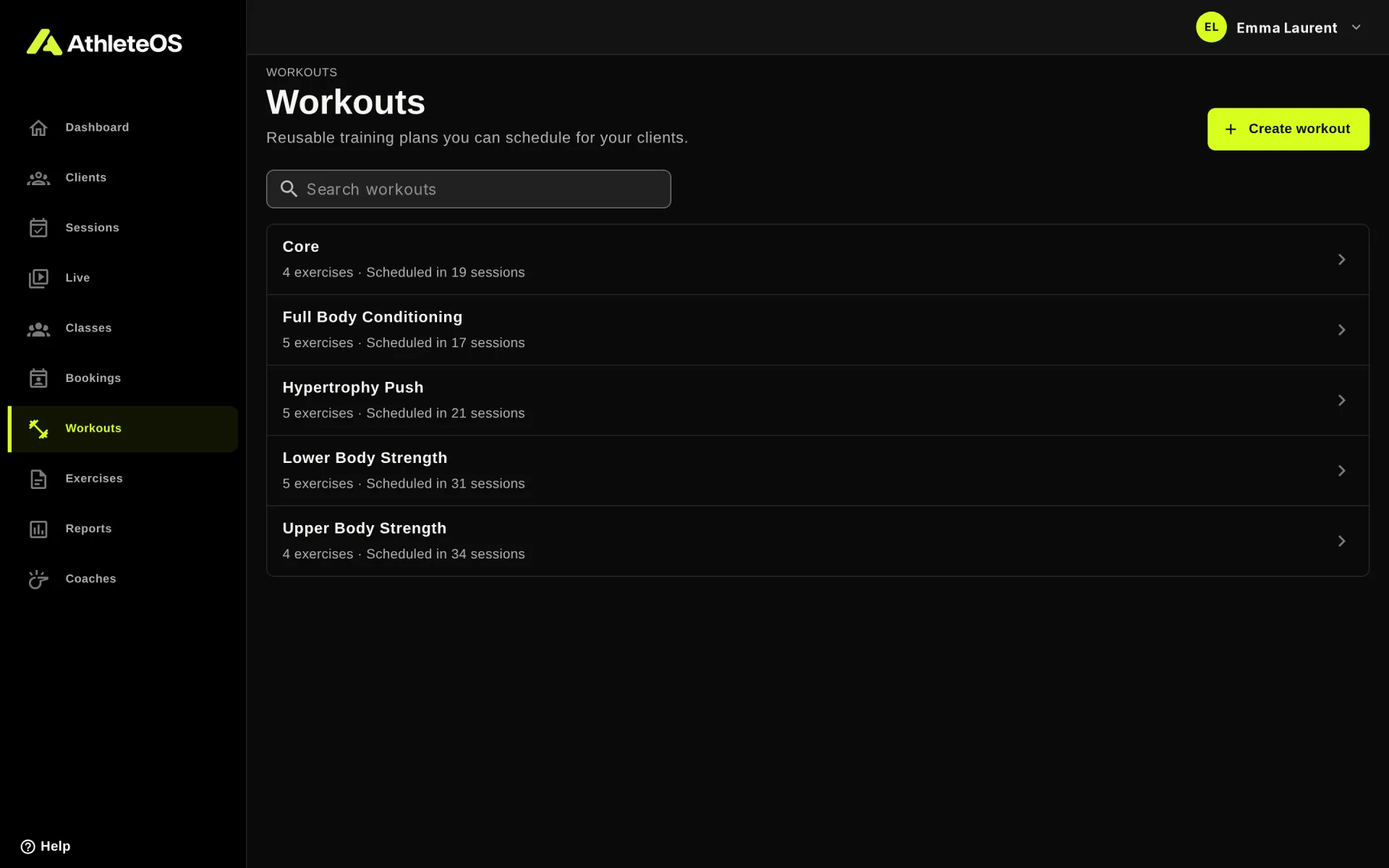 The list of workouts